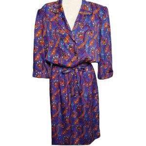 VINTAGE 80s purple paisley shirt dress with‎ tie waist L